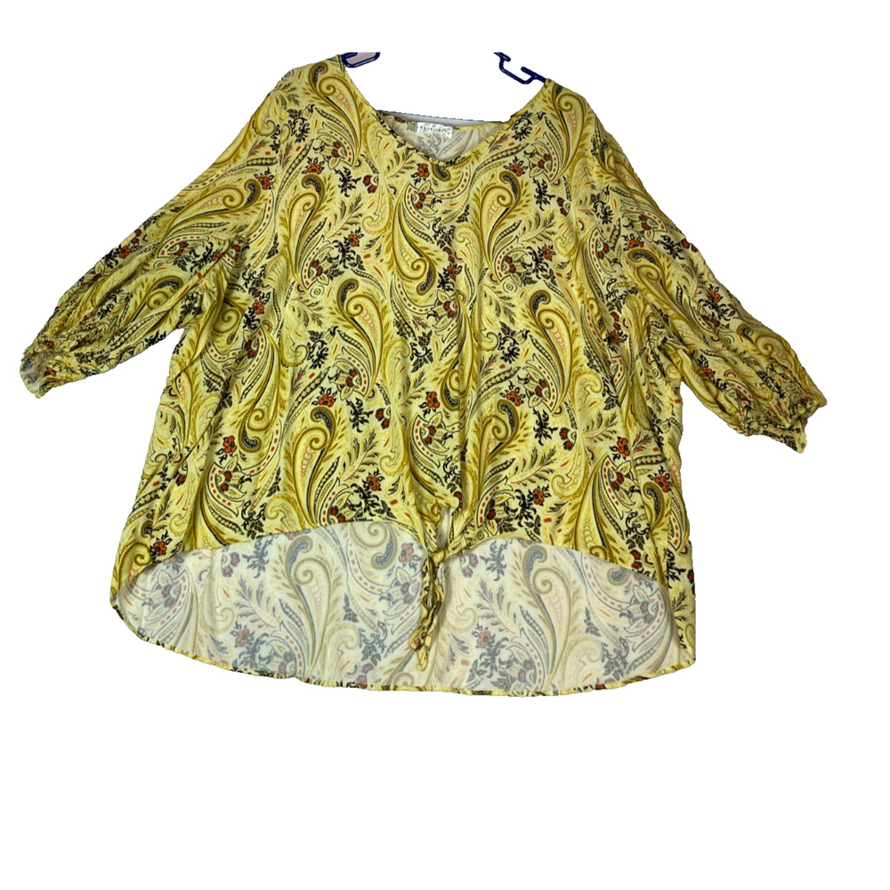 Retrology Women’ Yellow Hi Low Hem Shirt Front Knot Size‎ 3X Rayon Ballon Sleeve